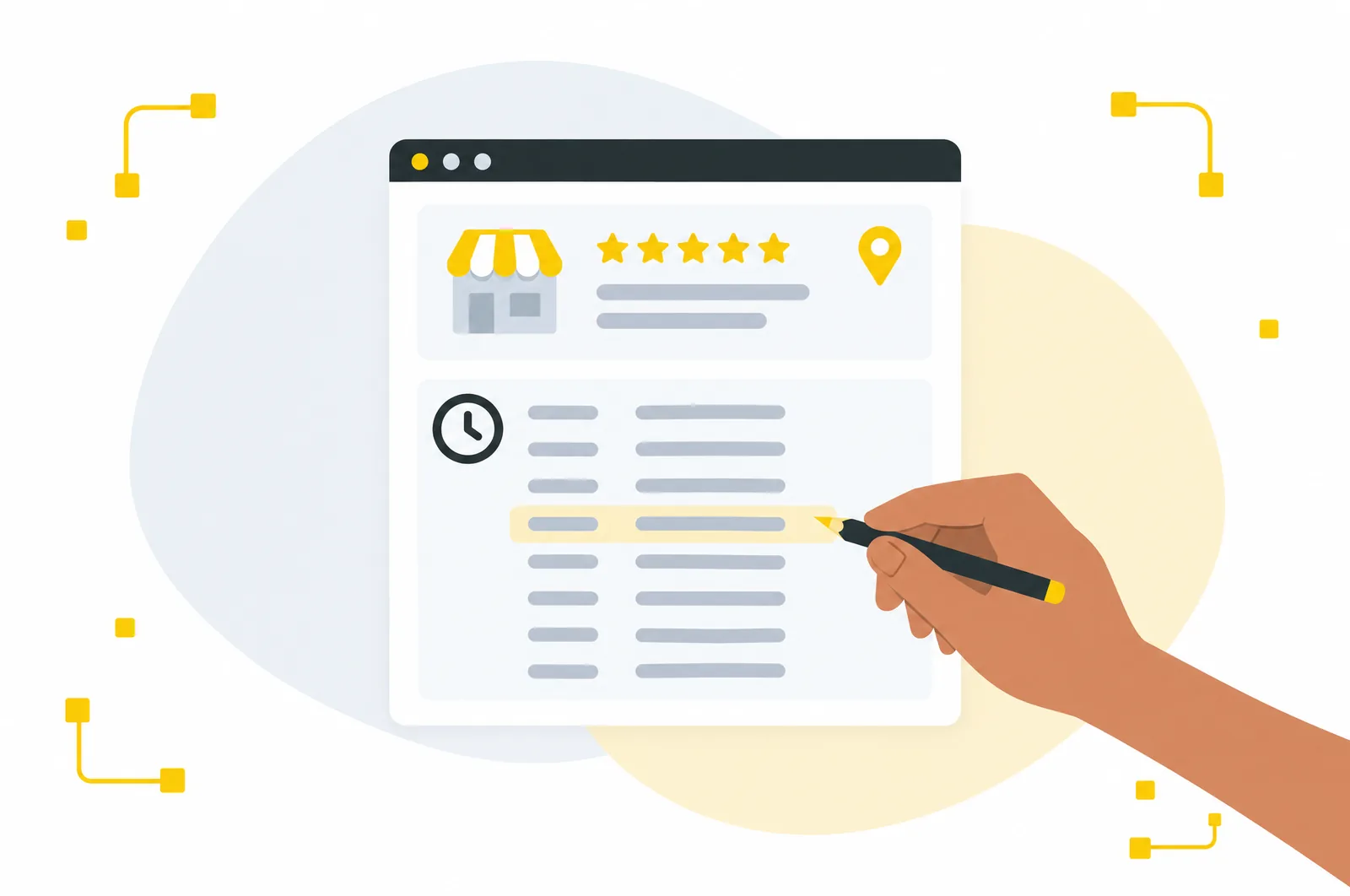 Illustration of a business listing with a hand correcting one day of opening hours.