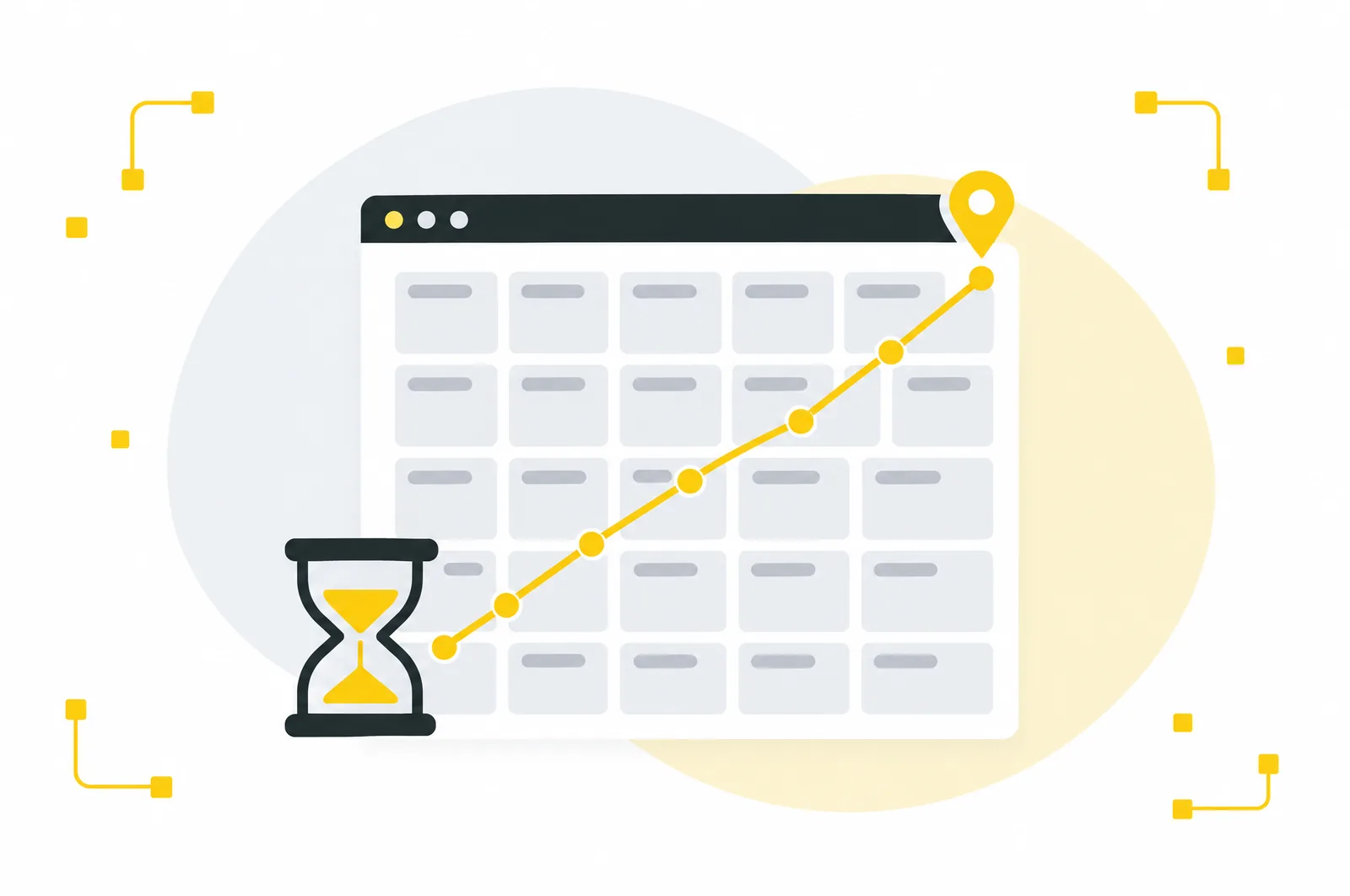 Illustration of a calendar with a line climbing month by month toward a map pin.