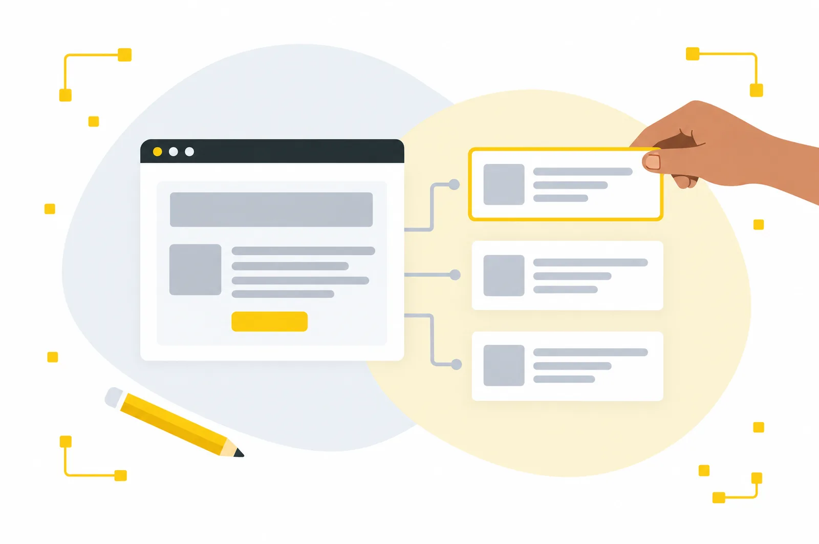 Illustration of a web page beside a plan of pages, with a hand placing one into position.