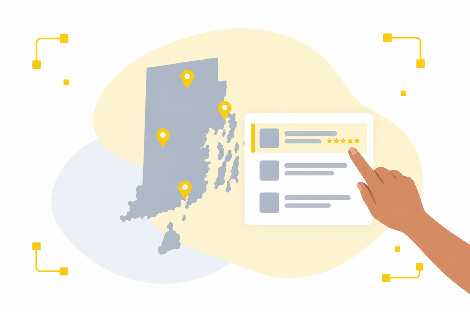 Illustration of a Rhode Island map with pins beside a list of local search results.