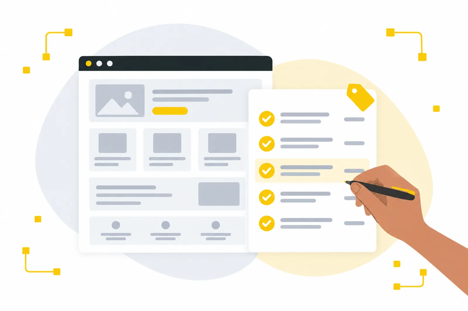 Illustration of a website layout beside an itemized proposal checklist being ticked off.