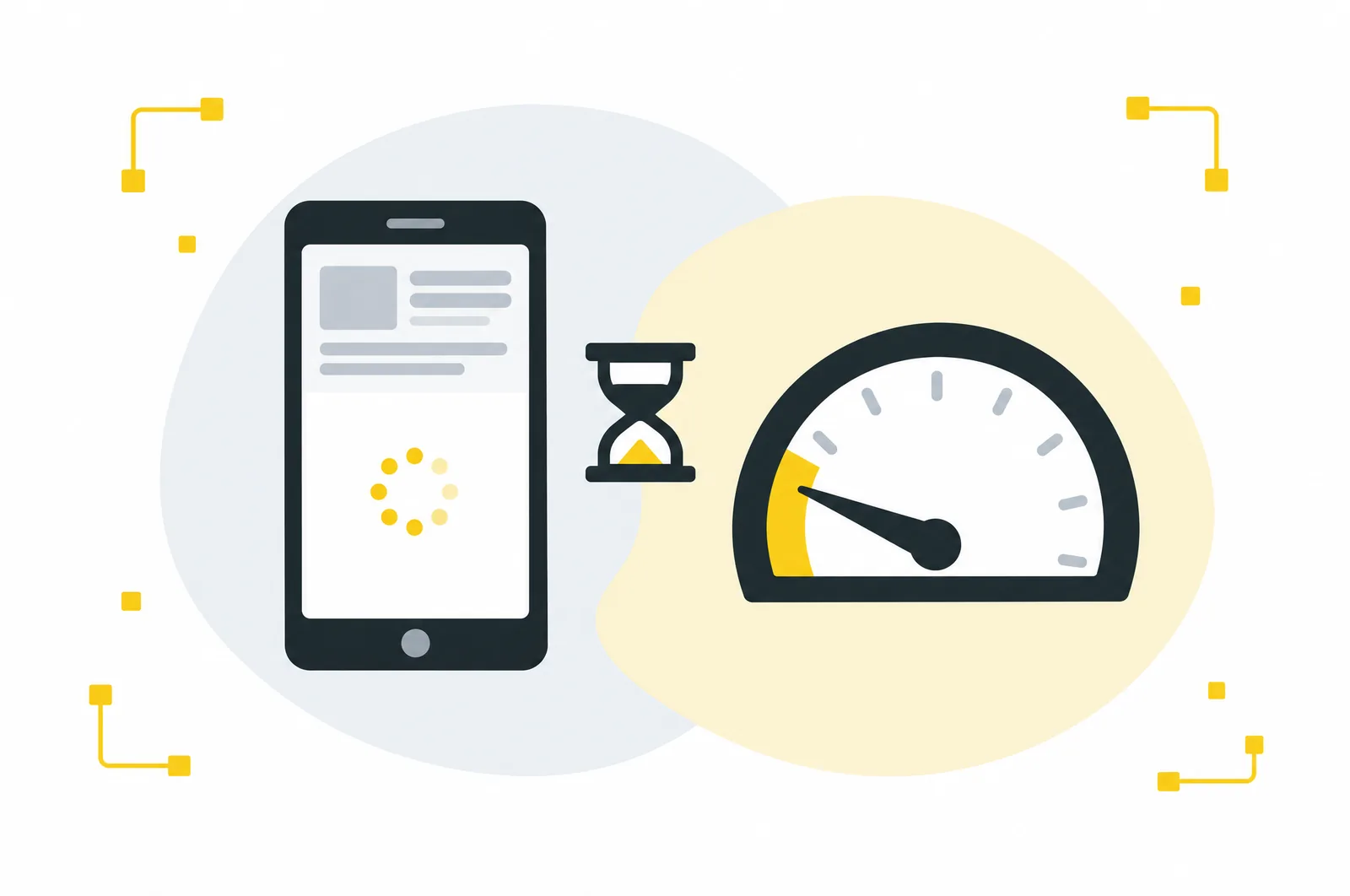 Illustration of a phone loading a page beside a speedometer in the slow zone.
