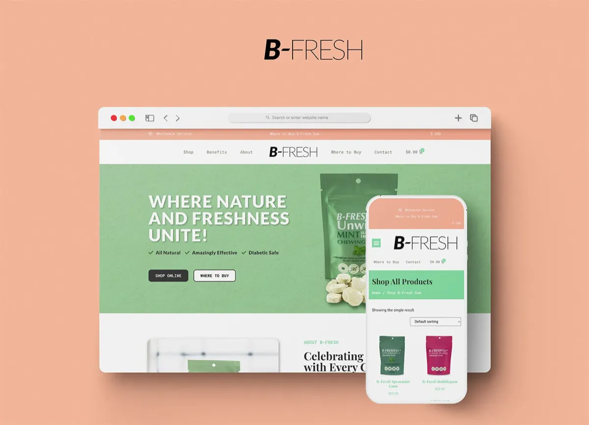 B-Fresh Gum: Ecommerce website and product photography for a gum brand