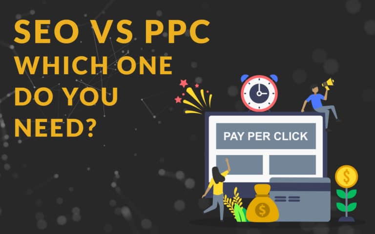 Yellow text says “SEO vs PPC Which One Do You Need?” next to a computer, coins, and people—ideal for agency web marketing.