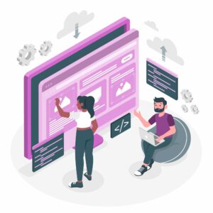 Creative team collaborates on innovative website design, with digital tools and coding icons highlighting a dynamic agency workflow.