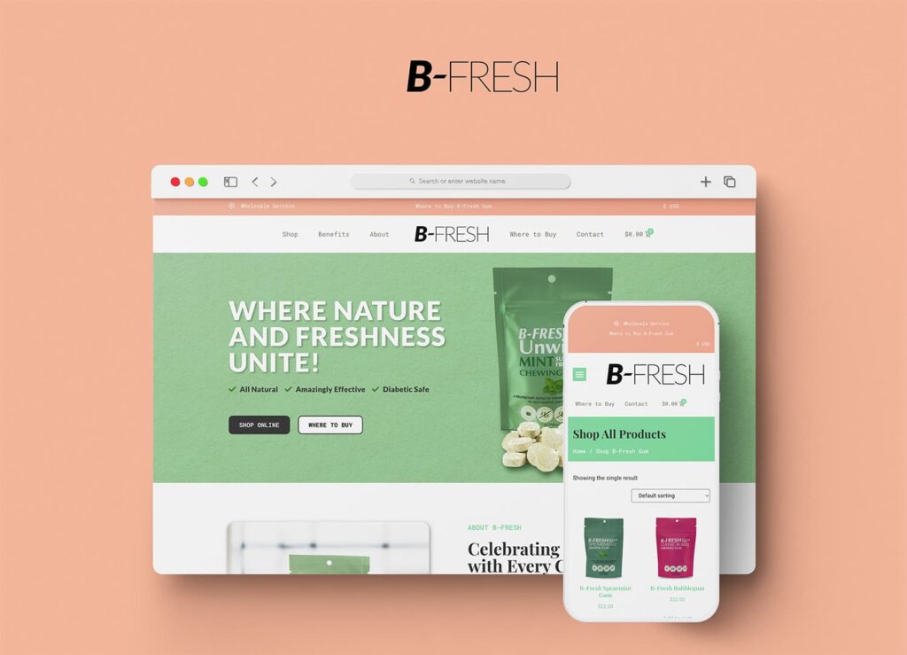 Dynamic website and mobile display of B-Fresh branding, mint chew packaging, catchy slogan, shop options, on a peach background.