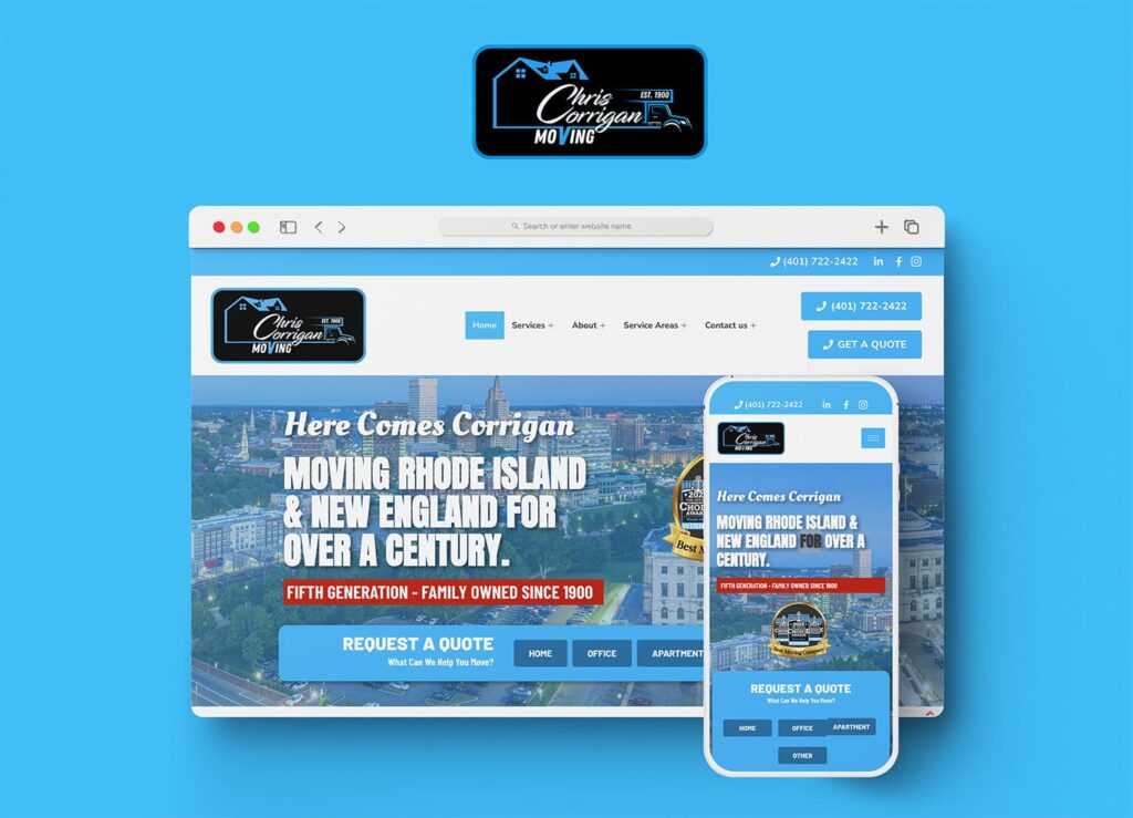 Website and mobile design for Chris Corrigan Moving showcases a city skyline, service details, and CTA for quotes; banner builds brand trust.