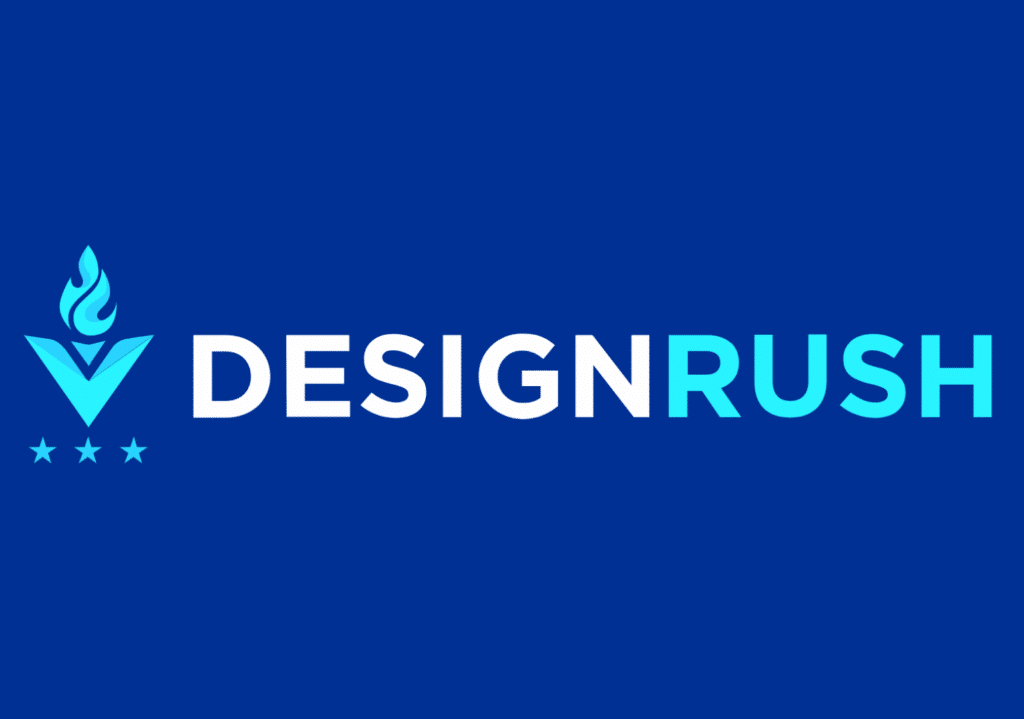 DesignRush logo on a blue background, showcasing a bold flame and stars above "DESIGNRUSH," symbolizing creative marketing excellence.