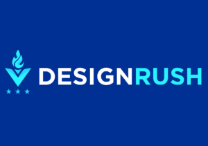 DesignRush logo on a blue background, showcasing a bold flame and stars above "DESIGNRUSH," symbolizing creative marketing excellence.