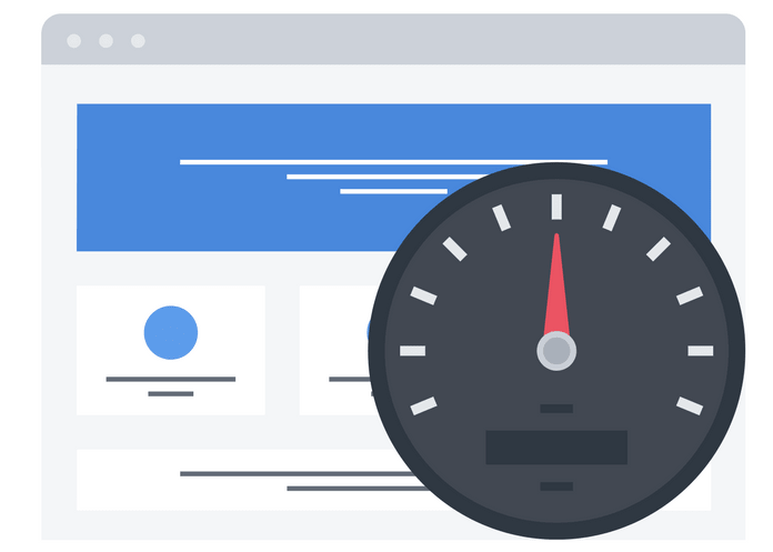 Illustration of a web browser window with a speedometer near max, representing rapid site performance that elevates SEO and conversions.