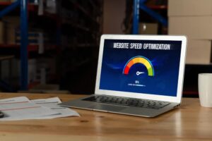 A laptop shows "Website Speed Optimization" at 90%, emphasizing how faster sites boost rankings—ideal for marketing agencies.
