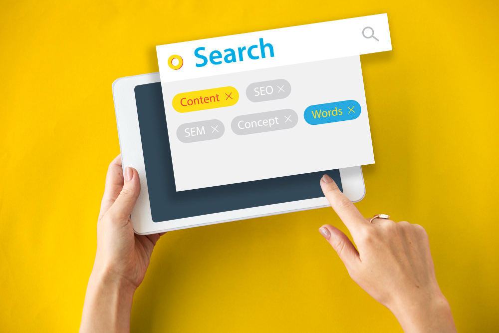 Tablet user interacts with search overlay featuring "Content," "SEO," and "SEM"—showcasing RI agency web and marketing expertise.